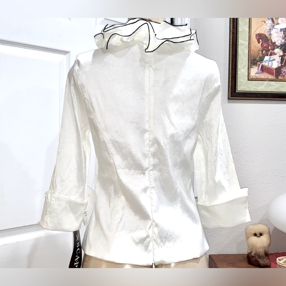 Xscape 3/4 Cuffed Sleeve Ruffled & Embellished Formal White Taffeta w Black Trim - Picture 8 of 11